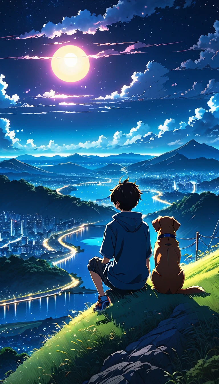 high quality, 8K Ultra HD, great detail, masterpiece, an anime style digital illustration, anime landscape of a boy with his dog sitting on a hill, a boy looking at a lighting the sky with a flashlight at night, anime wallpapers of nature with a serene sky, anime beautiful scene, beautiful anime peace scene, Makoto Shinkai Cyril Rolando, beautiful anime scene, amazing wallpaper, 8k anime art wallpaper, anime background, anime background art, 4k anime wallpaper, 4k anime art wallpaper, 4k anime art wallpaper,