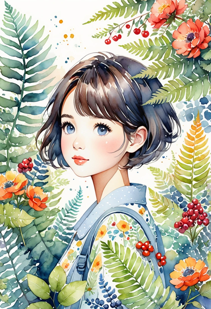 ((super detailed)beautiful flowers, berries, ferns, leaves, watercolor pattern of calming colors)(watercolor texture)(1girl, short hair, cute)