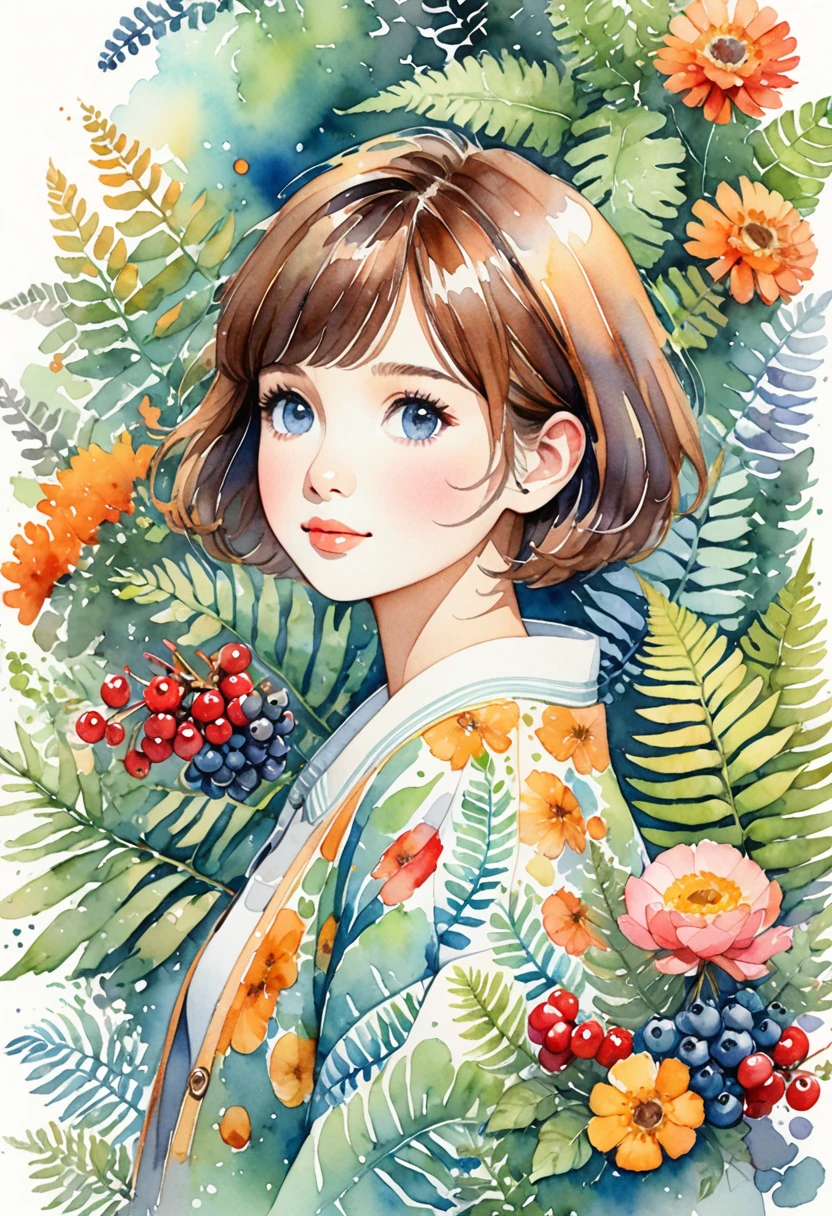 ((super detailed)beautiful flowers, berries, ferns, leaves, watercolor pattern of calming colors)(watercolor texture)(1girl, short hair, cute)
