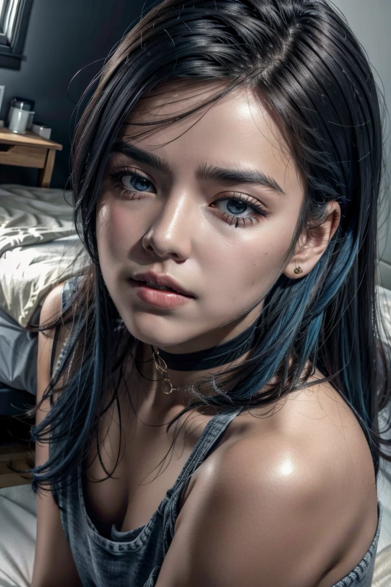 (((Alone))), mature woman, high quality, Very detailed, masterpiece, raw photo, Best Quality, )Thin waist), ((thin ????)), black fur, ((loose hair)), (open front), big lips, (oval shaped face), (HAUGHTY), cinematic lighting, lush lighting, (thin arms), (thin legs), (huge rectangular glasses), (Big eyebrows), ((small ???????)), Muted colors, (very blushing), (grumpy), ((simple background)), ((choker)), ((looking to the camera)), (long striped t-shirt), (short jean shorts), (mouth wide open), (sweat), (Full size view)(NAVY BLUE HAIR ) IT IS READY FOR ITS FIRST HIT , HE ?????????? AND HIT HER 3 MORE TIMES AND BLEEDS FROM HER LIP 