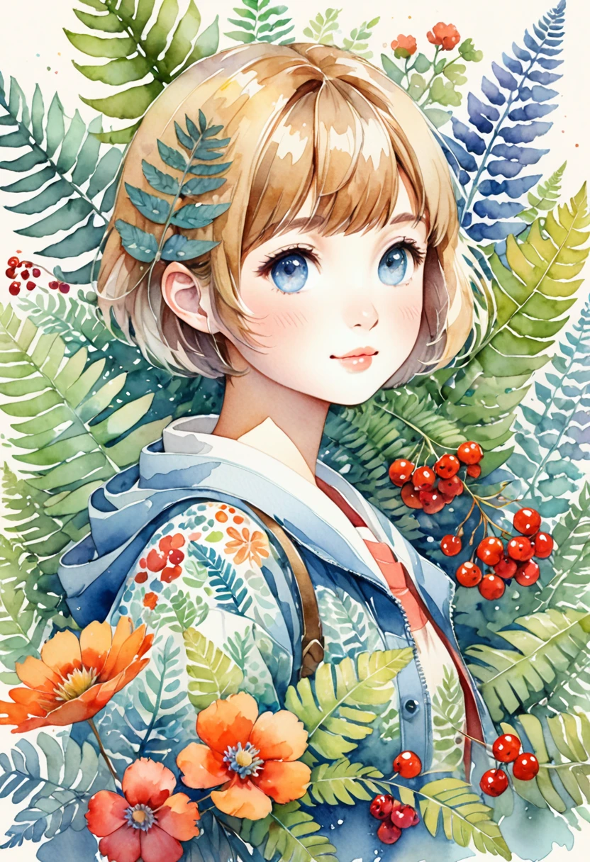 ((super detailed)beautiful flowers, berries, ferns, leaves, watercolor pattern of calming colors)(watercolor texture)(1girl, kemono, furry, short hair, cute)