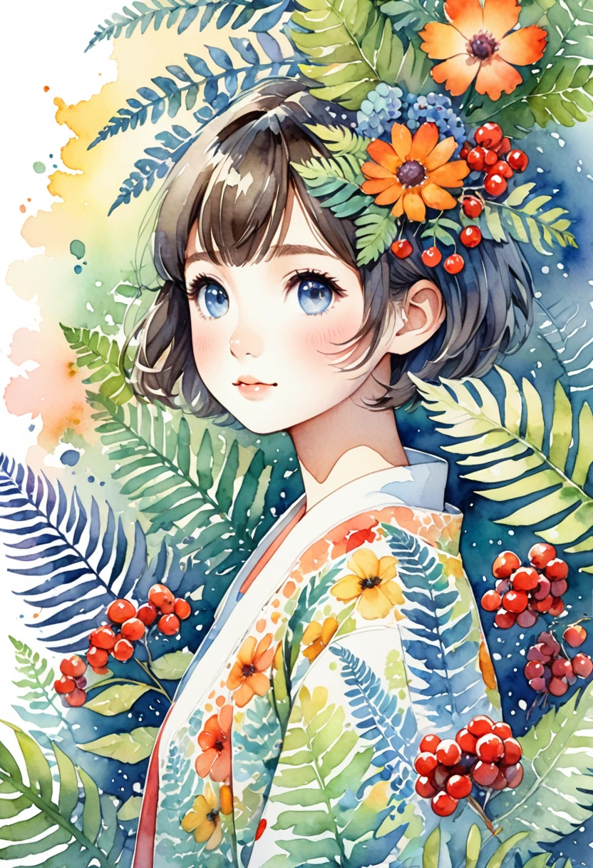 ((super detailed)beautiful flowers, berries, ferns, leaves, watercolor pattern of calming colors)(watercolor texture)(1girl, kemono, furry, short hair, cute)