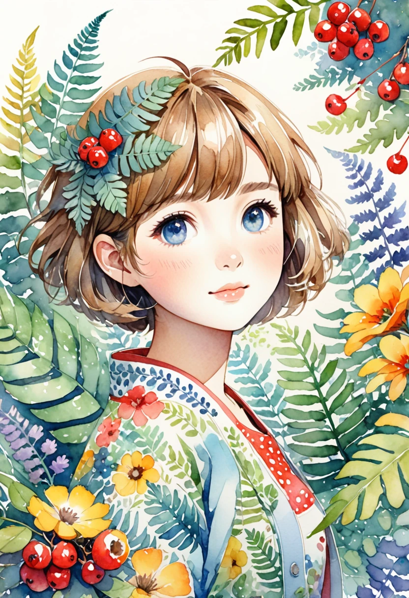 ((super detailed)beautiful flowers, berries, ferns, leaves, watercolor pattern of calming colors)(watercolor texture)(1girl, kemono, furry, short hair, cute)