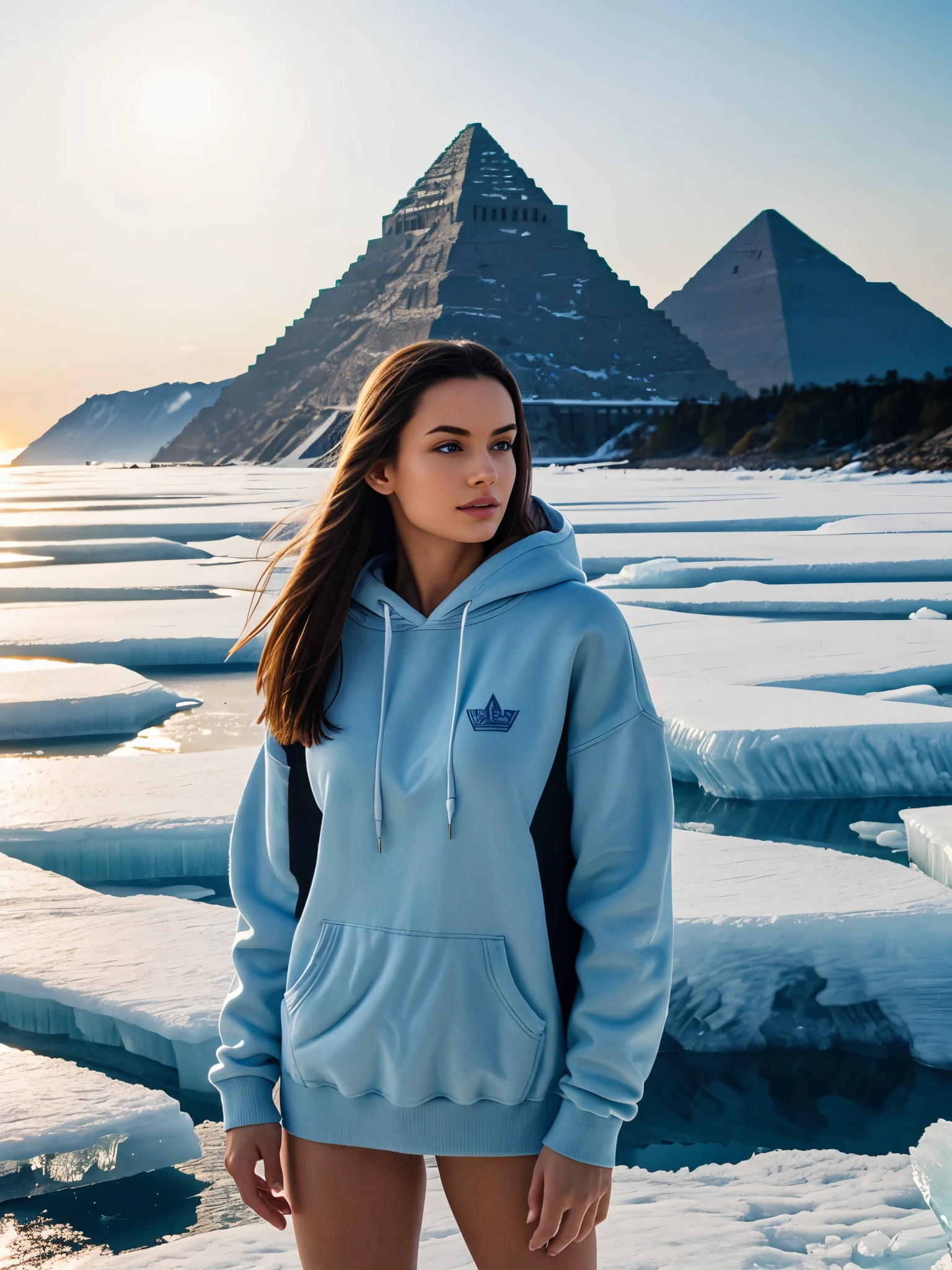 1girl, damask hoodie sweater, intricate pattern, elegant design, cozy and stylish, detailed textures, comfortable attire, fashionable look, high-quality rendering, soft lighting, relaxed atmosphere, modern fashion, warm clothing, ice crystal pyramid, floating on the ocean, serene waters, shimmering ice, translucent structure, geometric design, glistening in the sunlight, icy reflections, pristine environment, ethereal beauty, detailed textures, clear blue sky, cold atmosphere, majestic scene, high-quality rendering,