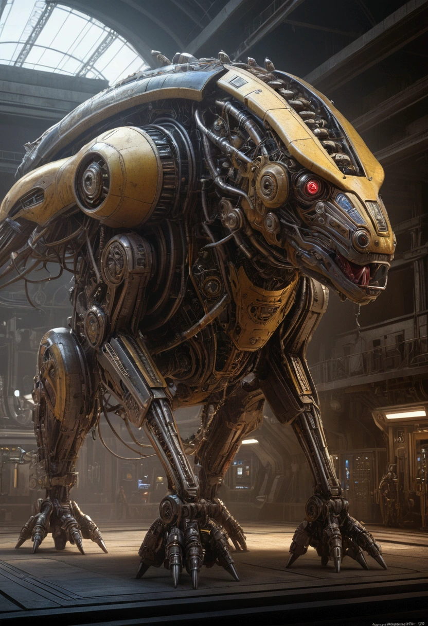 Mechanical Creature, science fiction, by Eddie Mendoza, cinematic still, chiaroscuro, dynamic, (best quality, masterpiece, photorealistic), very aesthetic, perfect composition, intricate details, ultra-detailed, vivid colors