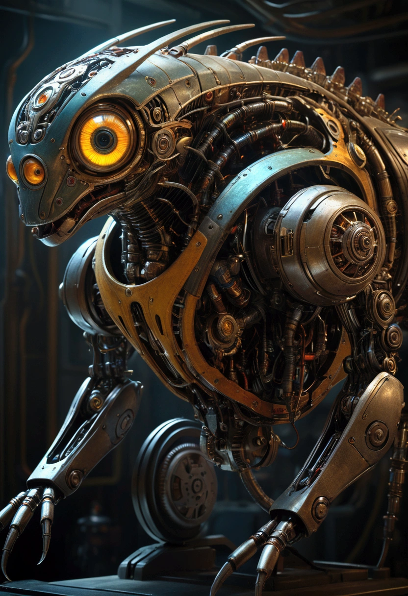 Mechanical Creature, science fiction, futuristic, cyberpunk, by Emmanuel Shiu, cinematic still, chiaroscuro, dynamic, (best quality, masterpiece, photorealistic), very aesthetic, perfect composition, intricate details, ultra-detailed, vivid colors