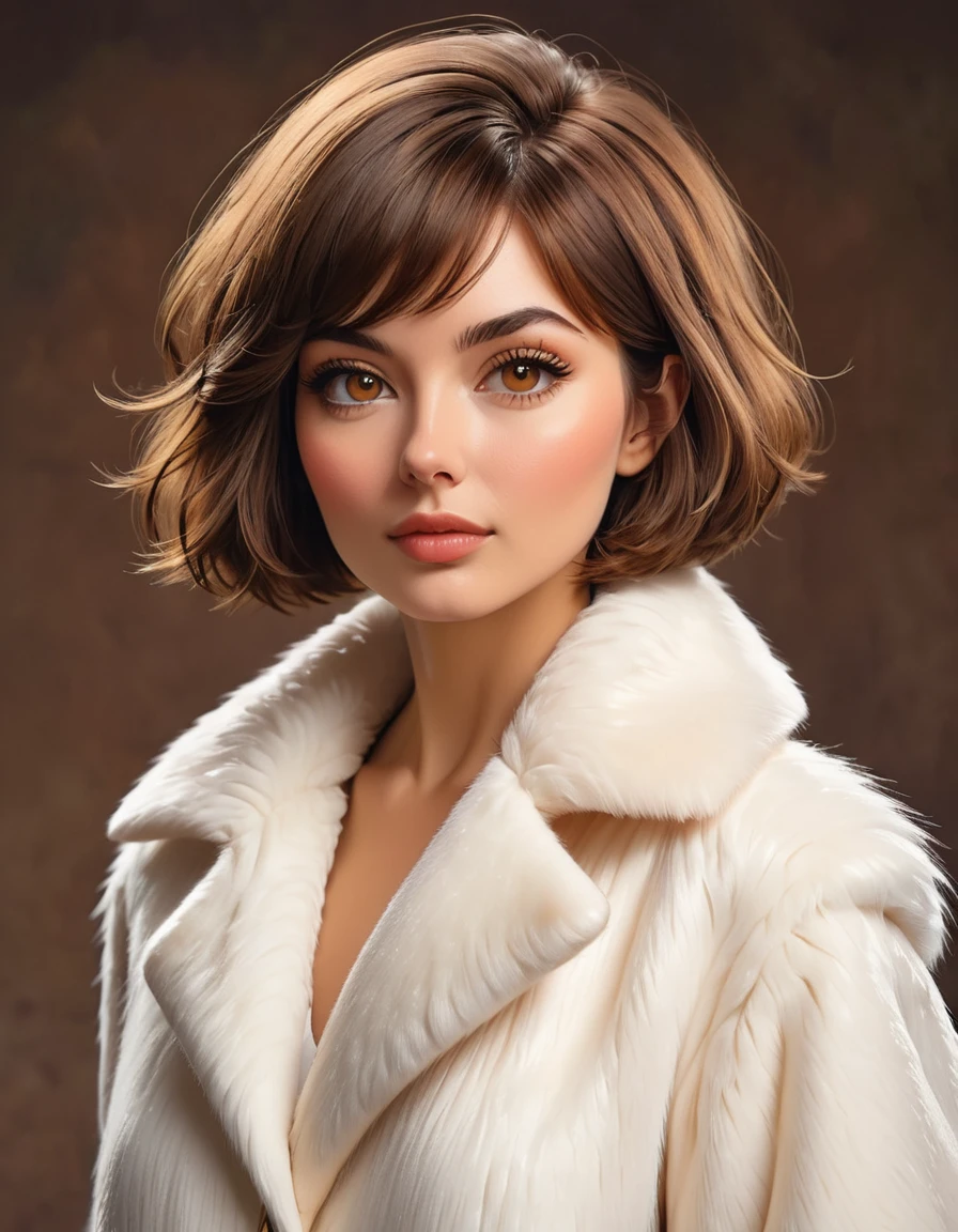 magnificent masterpiece, ultra realistic, woman with peach fuzz, three days beard, stubble beard, brown hair cut in a bob, brown eyes, round nose, wears a white fur coat