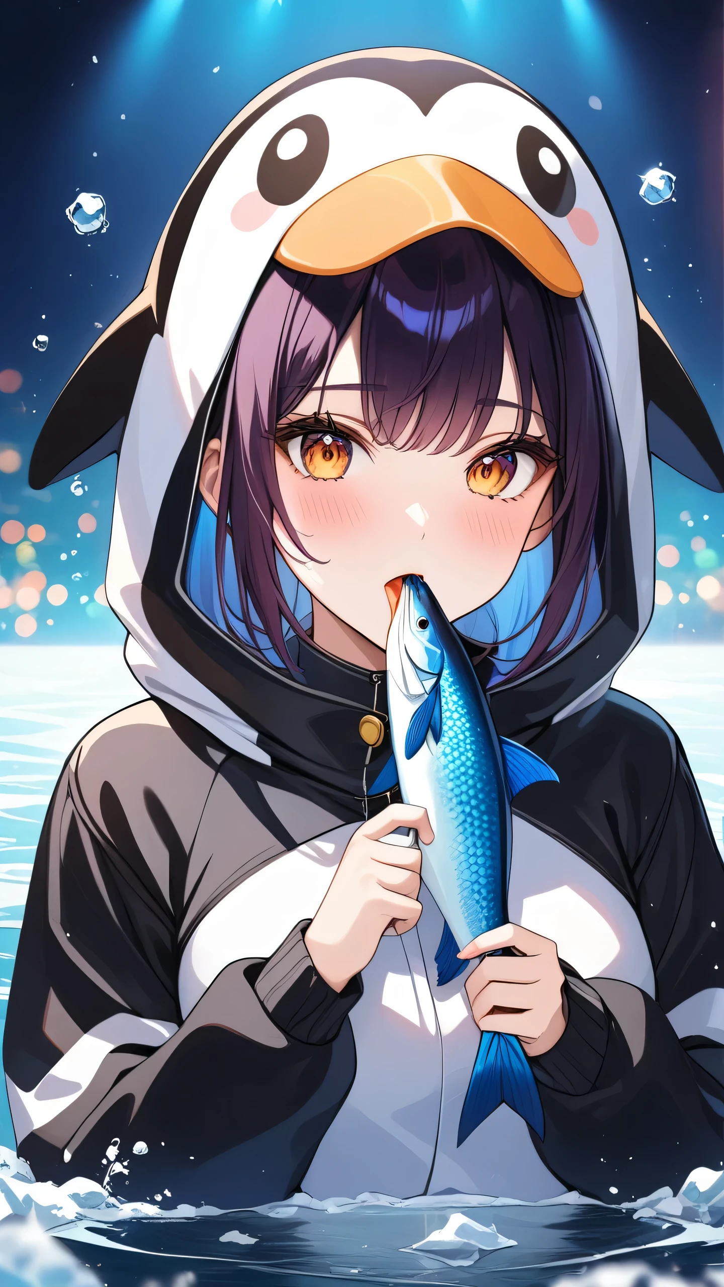 a detailed photo of a beautiful girl wearing a penguin costume, standing in an icy sea and eating a fish, masterpiece, best quality:1.2, 1girl, penguin costume, ice sea, eating fish, ultra-detailed, studio lighting, extreme detail description, professional, vivid colors, bokeh, portrait