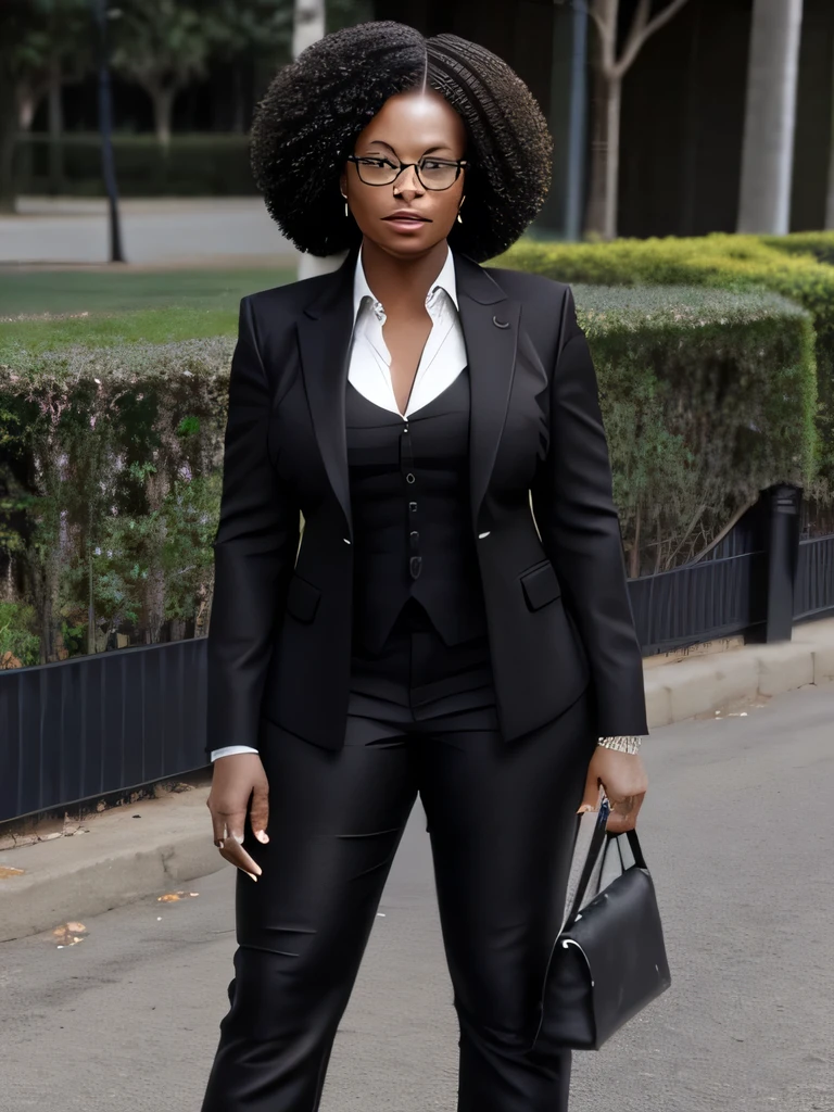 Old aged buxom, black short afro hair Mary J. Blidge, glasses, black jeans, suit up, park, shoes