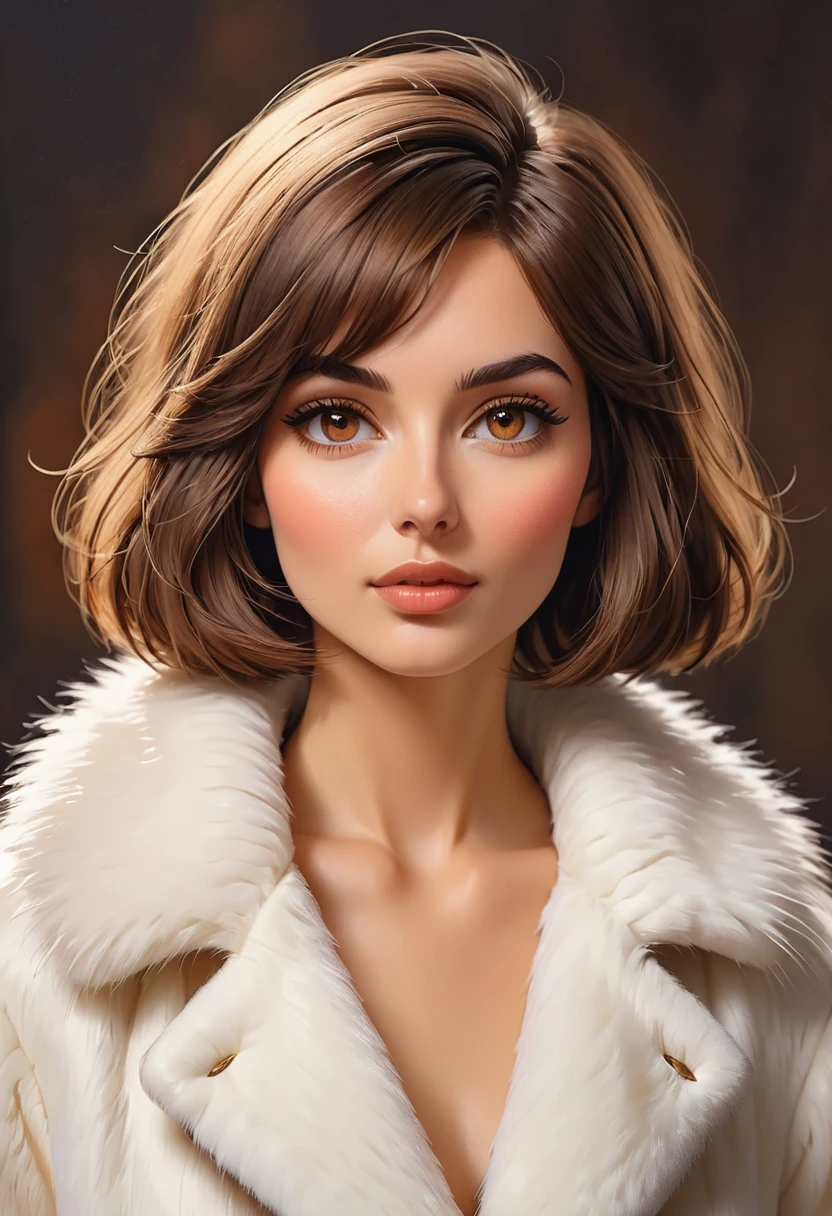 magnificent masterpiece, ultra realistic, woman with peach fuzz, three days beard, stubble beard, brown hair cut in a bob, brown eyes, round nose, wears a white fur coat