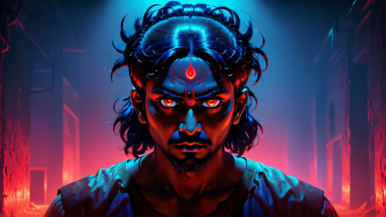 a digital illustration of indian man with scalp, glowing eyes, red and blue lighting, horror ambience, thriller,