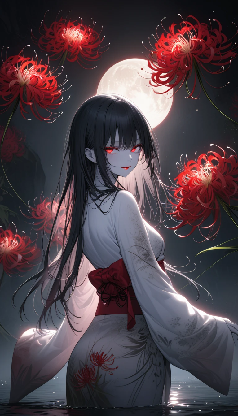 Black, white and red spider lilies in full bloom illuminated by the light of the full moon,A light-colored kimono that is so thin it is almost transparent,Beautiful long straight black hair,Red lipstick,A mysterious and seductive smile,Pale skin,Standing by the water,Take off your kimono and put your shoulders out,Beckon,