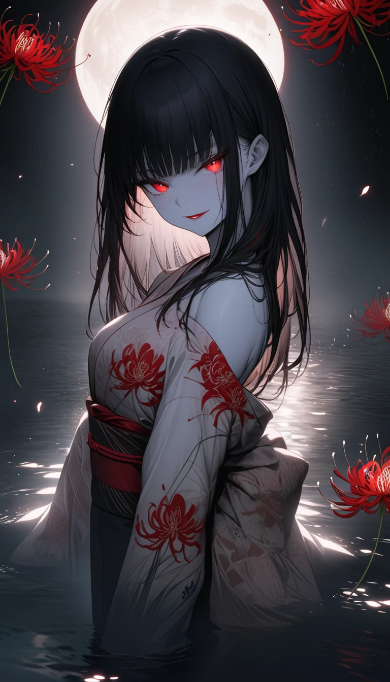 Black, white and red spider lilies in full bloom illuminated by the light of the full moon,A light-colored kimono that is so thin it is almost transparent,Beautiful long straight black hair,Red lipstick,A mysterious and seductive smile,Pale skin,Standing by the water,Take off your kimono and put your shoulders out,Beckon,
