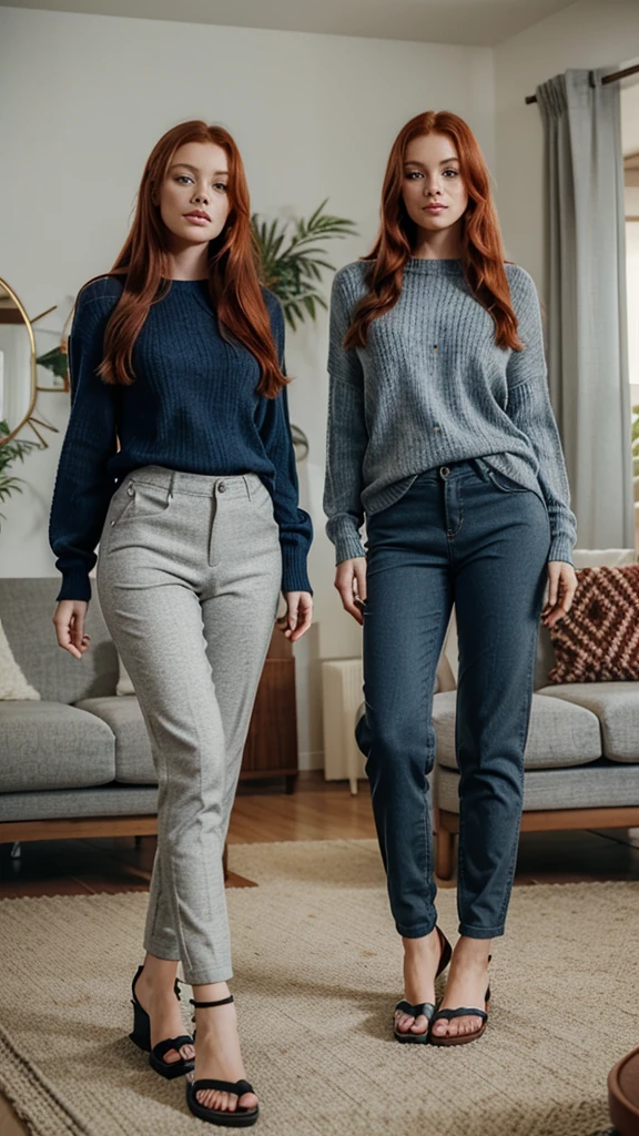 Two young red-haired women, gray and blue eyes, long hair long sleeve knit blouse, long knit pants and sandals. Furnished living room with a retro look.