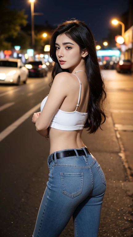 gorgeous Pakistani woman, 20 years old, , dark long hair, large breasted, Jeans branco, belt, Bikini, just one person, at city street, in the nighttime, from front view