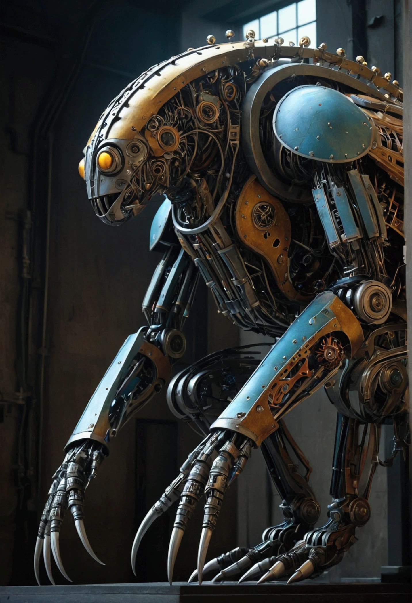 Mechanical Creature, science fiction, by Piotr Foksowicz, cinematic still, chiaroscuro, dynamic, (best quality, masterpiece, photorealistic), very aesthetic, perfect composition, intricate details, ultra-detailed, vivid colors