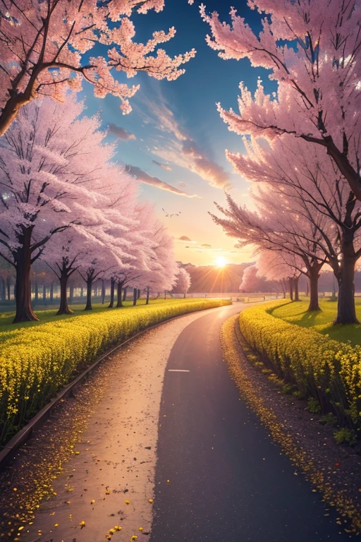 (Best Quality,8k,High resolution,masterpiece:1.2),ultra detailed,Sunset,the avenue lined with cherry blossoms, The beautiful yellow rapeseed flowers on the shore., The current, the breeze, butterflies fly,