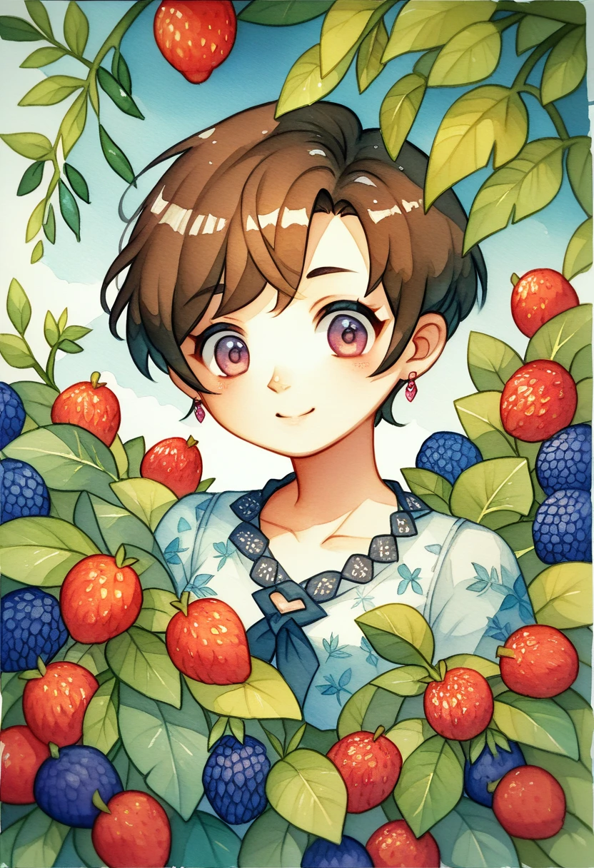 ((super detailed)beautiful flowers, berries, ferns, leaves, watercolor pattern of calming colors)(watercolor texture)(1girl, short hair, cute)