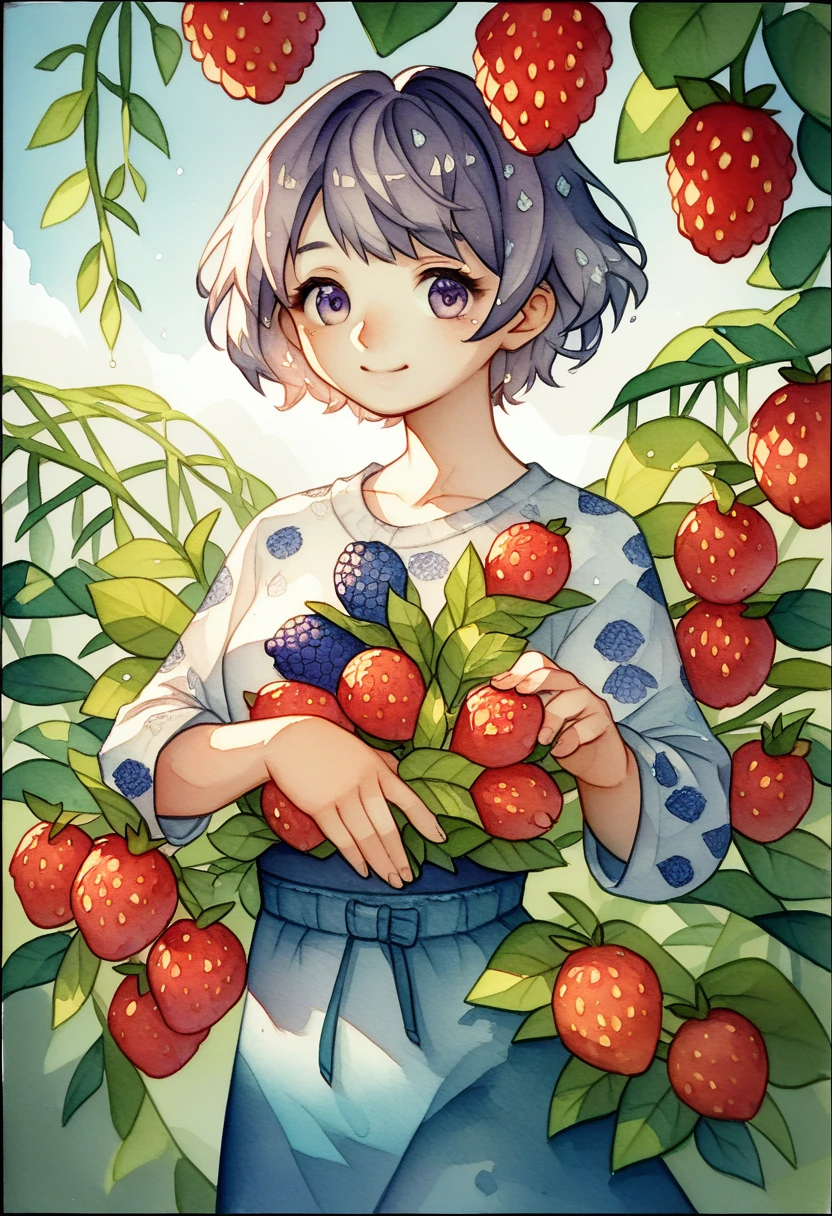 ((super detailed)beautiful flowers, berries, ferns, leaves, watercolor pattern of calming colors)(watercolor texture)(1girl, short hair, cute)