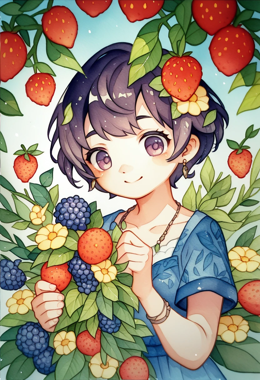 ((super detailed)beautiful flowers, berries, ferns, leaves, watercolor pattern of calming colors)(watercolor texture)(1girl, short hair, cute)