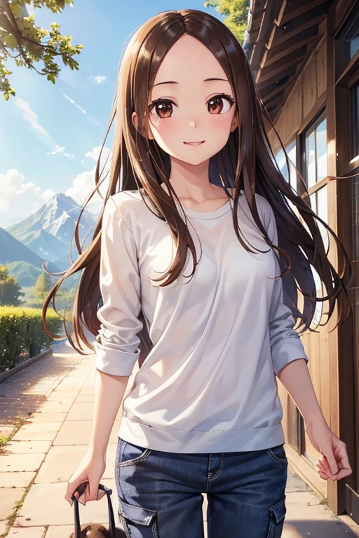 Takagi-san、Shiny brown hair, Long Hair,((Forehead、Center part))、 Beautiful brown eyes、smile、Sparkling eyes, (fine grain)、Very fine eye、Highly detailed face, Highly detailed eyes,


(masterpiece:1.3, Highest quality, 超High resolution, Super detailed), Cowboy Shot、 One woman，Highest quality, masterpiece, High resolution, 

(Girl taking a walk with a puppy:1.3),(Shiba Inu:1.3),Have a lead,Crystal clear water flows,Beautiful mountains in the background々,Very Big White T-Shirt,cargo pants, Smiling Kindly、見る者を魅了するsmile、,Proper body balance,Intricate details,Very delicate and beautiful hair,
Realistic Shadows,Beautiful Hands,Beautiful fingers,Detailed characteristics of the fingers,,Detailed clothing features,Detailed hair features,Detailed facial features,(Tabletop,Highest quality,超High resolution出力画像,) ,(8K quality,),(Picture Mode Ultra HD,)