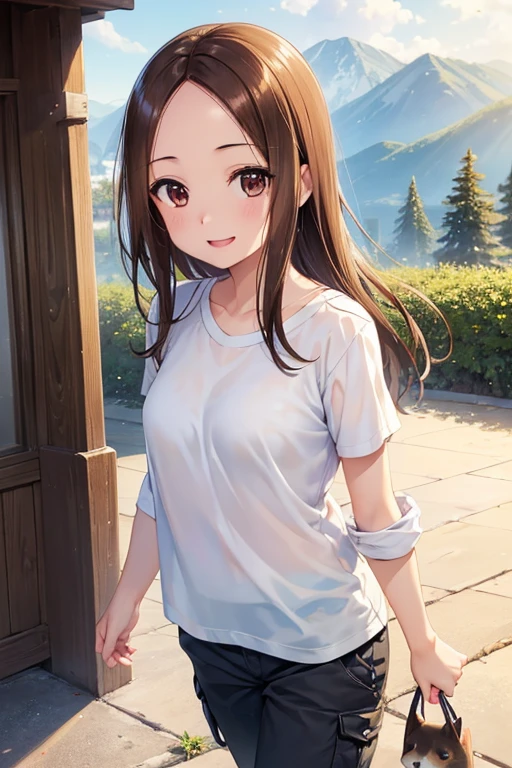 Takagi-san、Shiny brown hair, Long Hair,((Forehead、Center part))、 Beautiful brown eyes、smile、Sparkling eyes, (fine grain)、Very fine eye、Highly detailed face, Highly detailed eyes,


(masterpiece:1.3, Highest quality, 超High resolution, Super detailed), Cowboy Shot、 One woman，Highest quality, masterpiece, High resolution, 

(Girl taking a walk with a puppy:1.3),(Shiba Inu:1.3),Have a lead,Crystal clear water flows,Beautiful mountains in the background々,Very Big White T-Shirt,cargo pants, Smiling Kindly、見る者を魅了するsmile、,Proper body balance,Intricate details,Very delicate and beautiful hair,
Realistic Shadows,Beautiful Hands,Beautiful fingers,Detailed characteristics of the fingers,,Detailed clothing features,Detailed hair features,Detailed facial features,(Tabletop,Highest quality,超High resolution出力画像,) ,(8K quality,),(Picture Mode Ultra HD,)