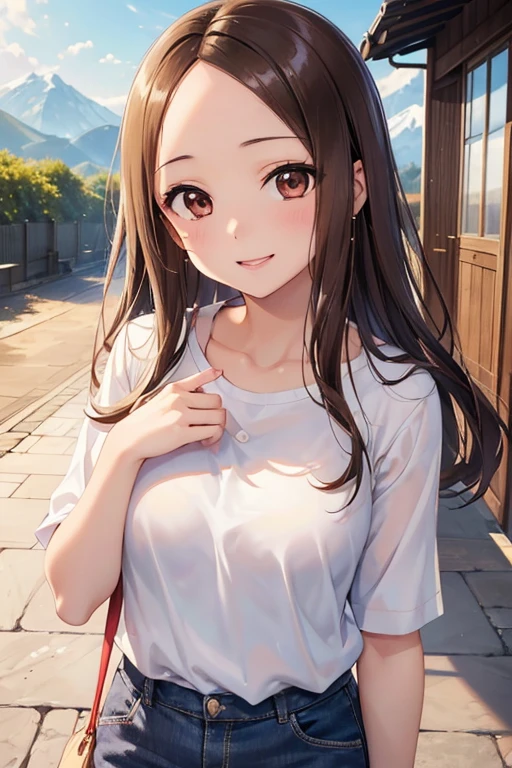 Takagi-san、Shiny brown hair, Long Hair,((Forehead、Center part))、 Beautiful brown eyes、smile、Sparkling eyes, (fine grain)、Very fine eye、Highly detailed face, Highly detailed eyes,
(masterpiece:1.3, Highest quality, 超High resolution, Super detailed), Cowboy Shot、 One woman,Highest quality, masterpiece, High resolution,
(Girl taking a walk with a puppy:1.3),(Shiba Inu:1.3),Have a lead,Crystal clear water flows,Beautiful mountains in the background々,Very Big White T-Shirt,cargo pants, Smiling Kindly、見る者を魅了するsmile、,Proper body balance,Intricate details,Very delicate and beautiful hair,
Realistic Shadows,Beautiful Hands,Beautiful fingers,Detailed characteristics of the fingers,,Detailed clothing features,Detailed hair features,Detailed facial features,(Tabletop,Highest quality,超High resolution出力画像,) ,(8K quality,),(Picture Mode Ultra HD,)
