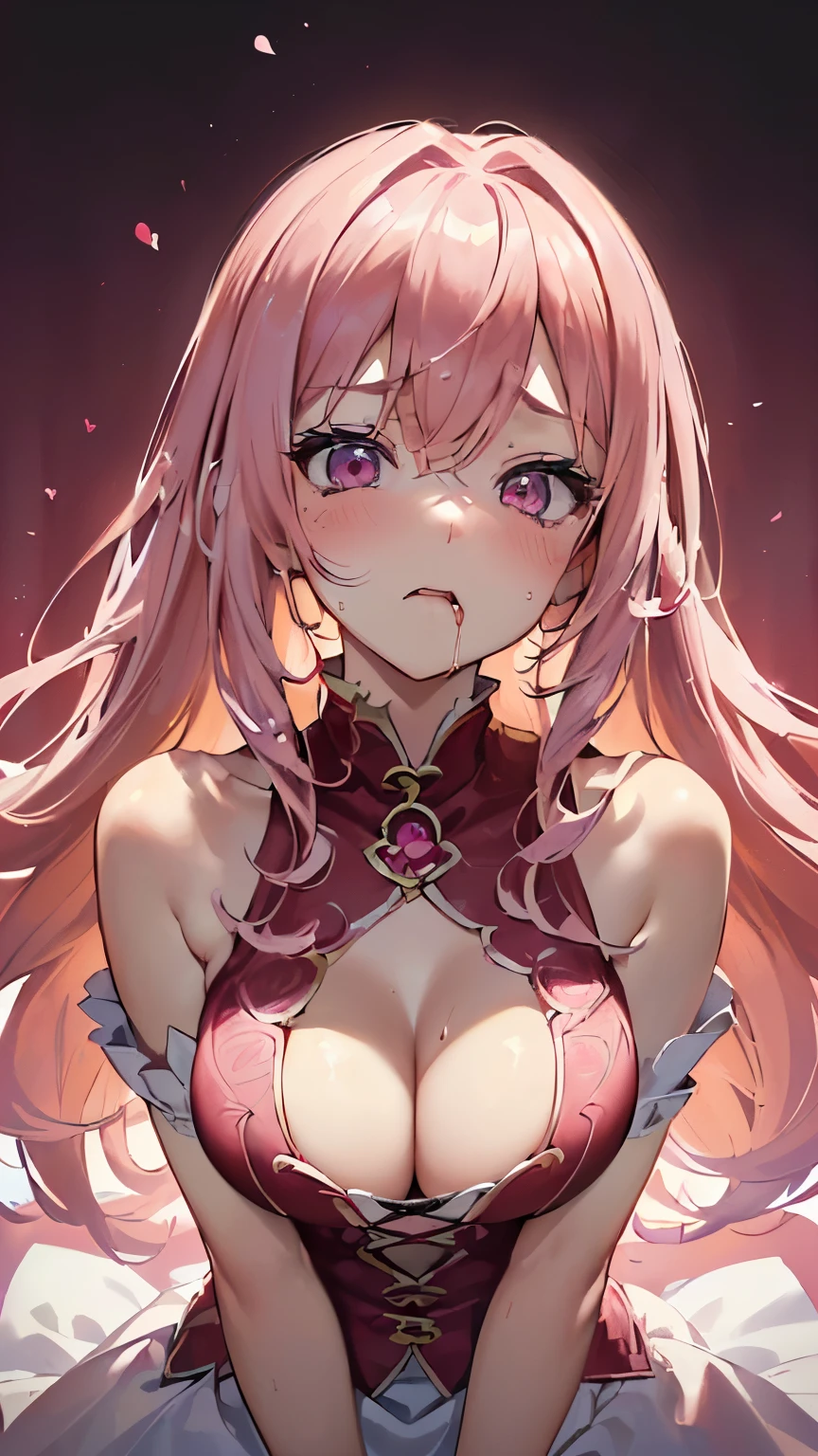 1girl, 8k, super detailed, uhd, best quality, masterpiece, (((blushed heavily, bright red in the face, (blush:1.1), red in the face, mouth open, tongue out, saliva, is set in motion, sex, both hands in the face))), ((perspective from head to chest, only upper body)), (((big , sexly, cute, hot, charming, tsundere, lascivious, Lust, love, pink hair, pink hair, Long hair, pink eyes, detailed eyes, detailed face, perfect face))), hentai blick, hentai, ((wears clothes!!,succubus, Breasts are covered!, sex demon)), posing