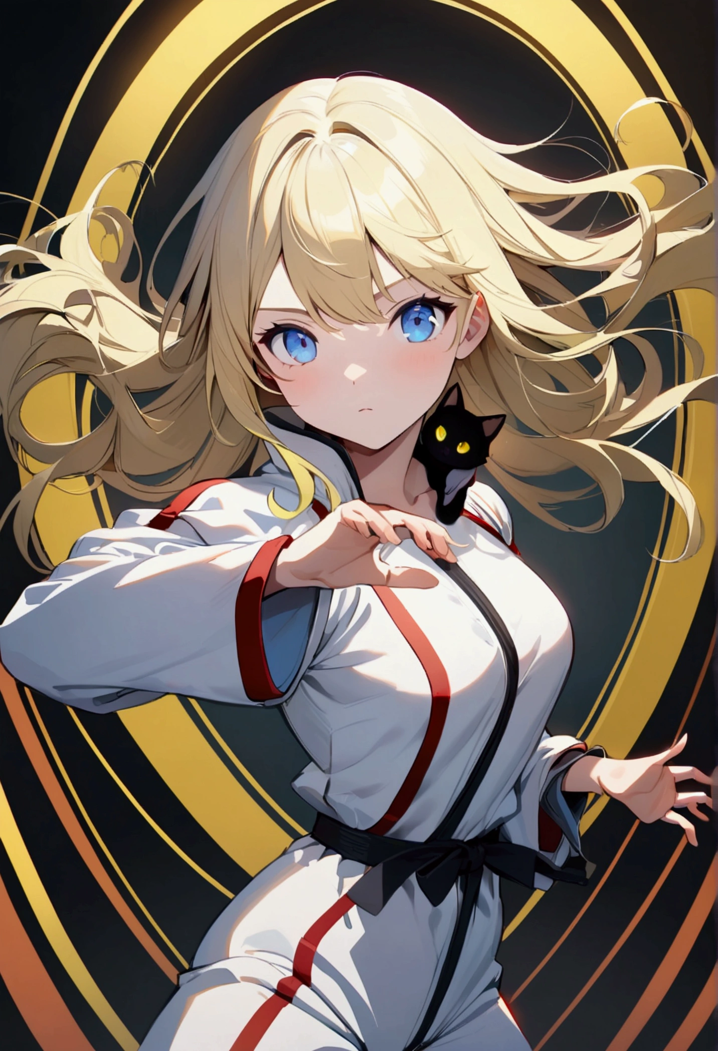 Anime (blond hair shoulder length, blue eyes) in karate suit with black cat with green yellow eys. Dynamic Karate Pose.