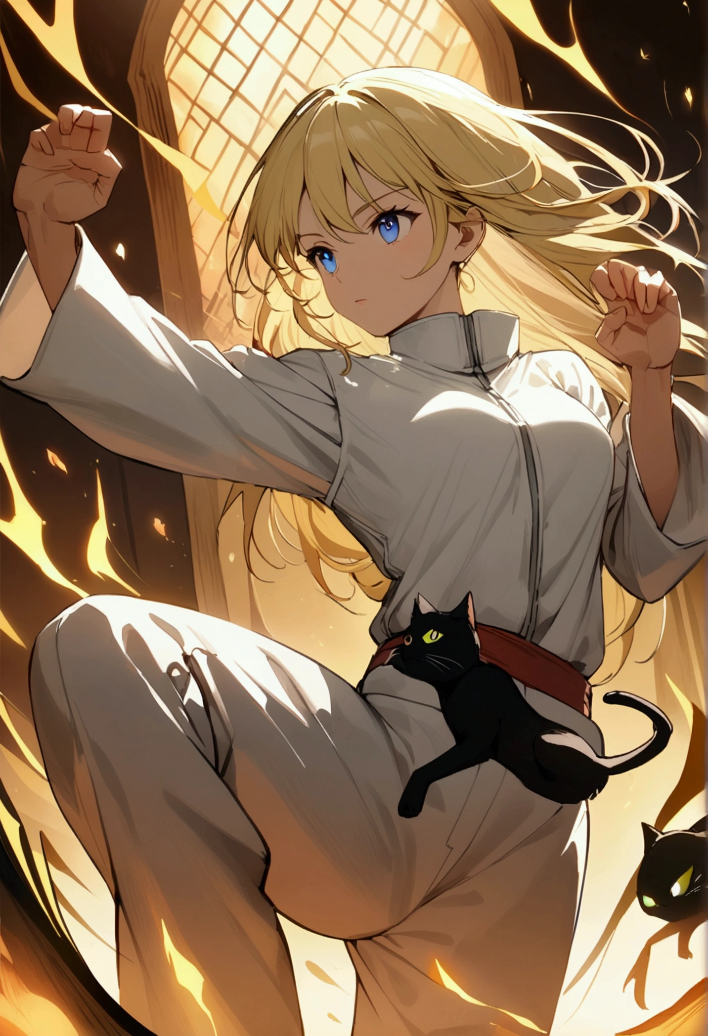 Anime (blond hair shoulder length, blue eyes) in karate suit with black cat with green yellow eys. Dynamic Karate Pose.