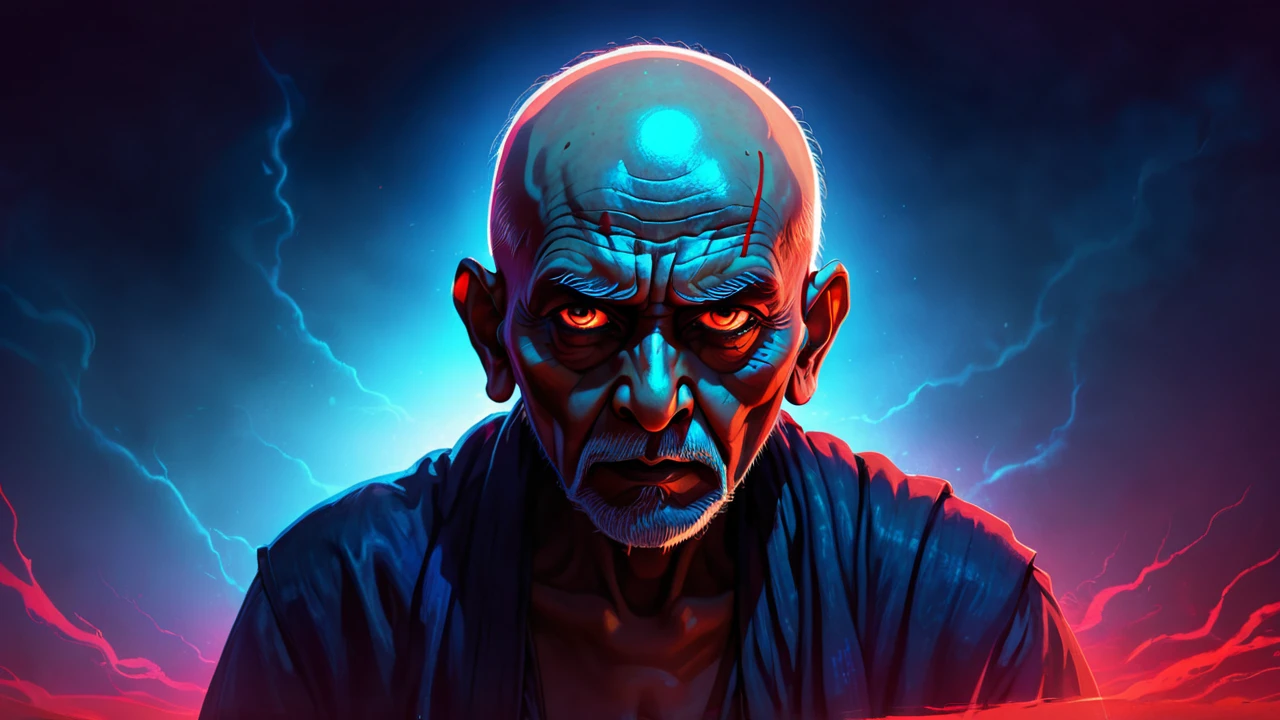 a digital illustration of indian old man with no hair, glowing eyes, red and blue lighting, horror ambience, thriller,