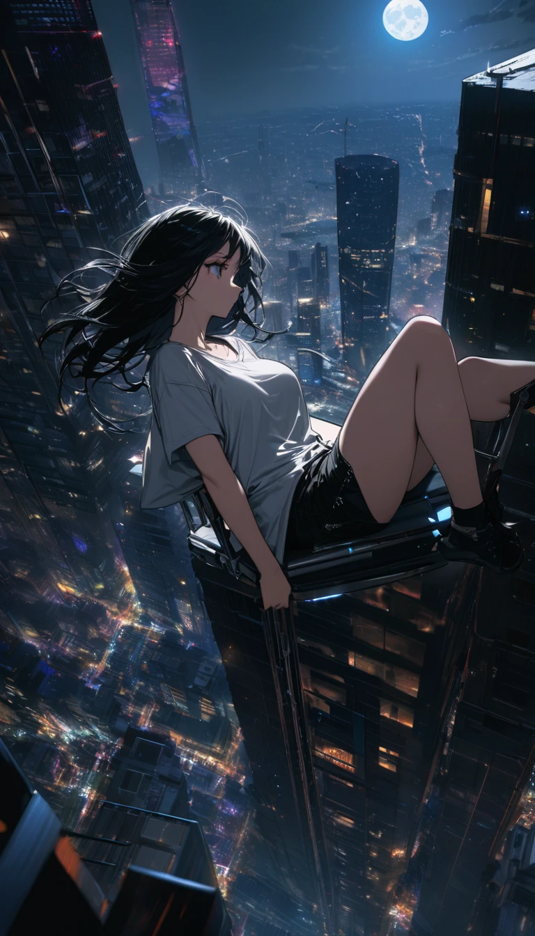 monochrome, no color, from behind, best quality, super fine, 16k, incredibly absurdres, extremely detailed, two skyscrapers, back view of a woman sitting on a trapeze, wind, wind-effect, moonlit night view, (magnificent view:1.1) , cyberpunk, steampunk, dieselpunk, clockpunk, artwork, mixture art, blend art, design art