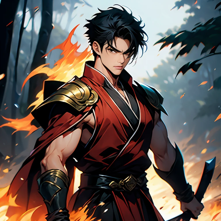 1 anime looking male,anime, 18 year old male, black hair, jet black hair, spiky hair, short standing hair, standing up hair, pretty face, good looking male, raised in the forest, hunter, axe man, anger, broken, Strong willed, protective, naive, martial arts, fighter, robes, white, brown, boots, setting is a forest on an island, fighting, fire user, fire element, holding axe of fire, axe made out of fire, muscles showing, clothes are black and brown and white in color, arms showing, defined muscles, smaller build, toned muscles,  frame, not intimidating, smaller muscle size, very light armor, more clothes than armor, no armor on arms, bare arms, skinny, thin, toned body, very handsome, charming, no armor, skinny, small muscles, not the hero, sleeveless, Kungfu, Brown robes, white robes, black robes, Fire user, conjure weapons from fire, weapons made out of fire, weapon martial arts, Brown clothes, brown robes, white robes, earthly colors, earthly tones of clothes,good looking face, holding a weopon made out of fire, holding a firey weapon, weapon in hand made entirely of flames, flame weapon, martial arts robes, fighting monk gi, sharp hair, standing up hair, spiky hair style, no hair in his face, hair is spiked upwards away from eyes, no hair falling towards face