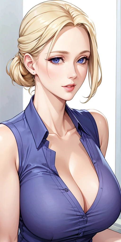 Elegant mature woman, milf, blue eyes, blonde hair, soft light, high detailed, 4k resolution, high quality, beautiful cg