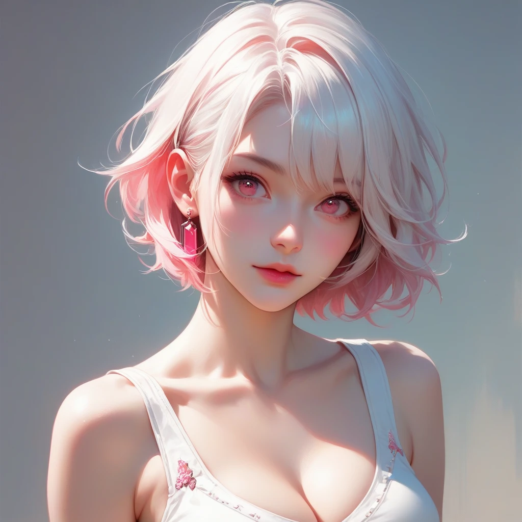 score_9, score_8_up, score_7_up,source_anime, high res image,masterpiece,best quality,girl,cute face,clear skin,white hair,short hair,pink eyes,inner_hair_pink,cleavage,