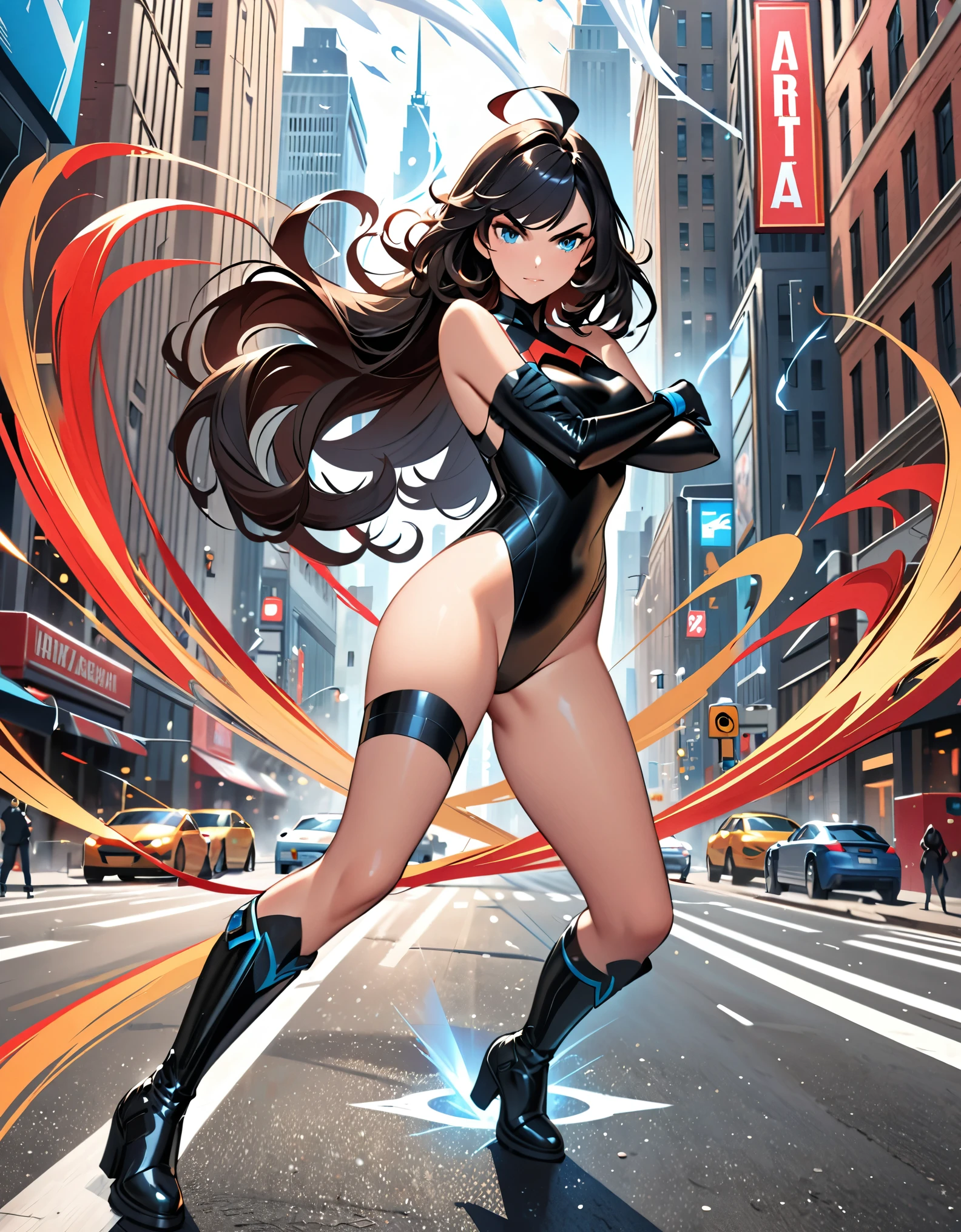 anime girl in a red and black suit twirling around in place on a city street, (fast spin, dynamic spin pose), (spinning) inside a tornado, (spinning in place like a tornado), see-through tornado in front of her, (crossed arms, extremely detailed artgerm, style artgerm, style ivan talavera and artgerm, krenz cushart and artgerm, range murata and artgerm, artgerm style, in the style artgerm, ig model | artgerm, artgerm detailed, black hair, long hair, medium hair, ahoge, blue eyes, ((leotard)), bare legs, matching boots and gloves, superhero, bracelets, solo, solo focus, curved sword slash