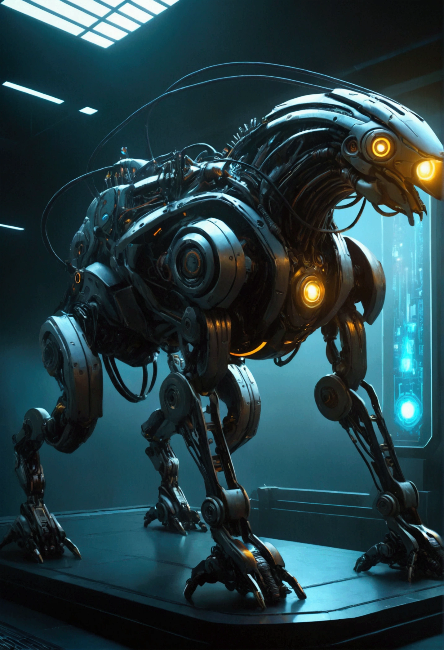 Mechanical Creature, science fiction, futuristic, cyberpunk, by Emmanuel Shiu, cinematic still, chiaroscuro, dynamic, (best quality, masterpiece, photorealistic), very aesthetic, perfect composition, intricate details, ultra-detailed, vivid colors