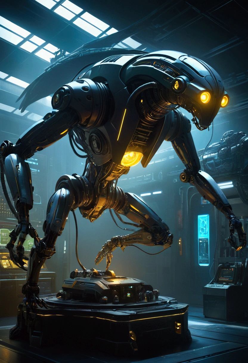 Mechanical Creature, science fiction, futuristic, cyberpunk, by Emmanuel Shiu, cinematic still, chiaroscuro, dynamic, (best quality, masterpiece, photorealistic), very aesthetic, perfect composition, intricate details, ultra-detailed, vivid colors