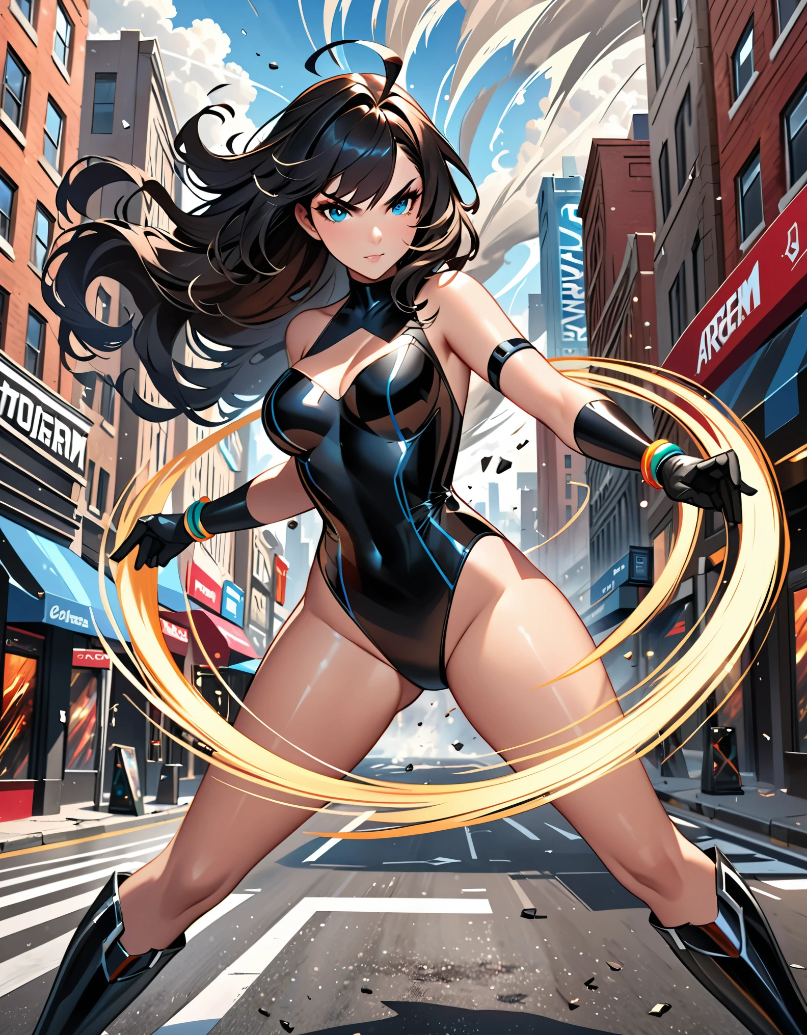 anime girl in a red and black suit twirling around in place on a city street, (fast spin, dynamic spin pose), (spinning) inside a tornado, (spinning in place like a tornado), see-through tornado in front of her, (crossed arms, extremely detailed artgerm, style artgerm, style ivan talavera and artgerm, krenz cushart and artgerm, range murata and artgerm, artgerm style, in the style artgerm, ig model | artgerm, artgerm detailed, black hair, long hair, medium hair, ahoge, blue eyes, ((leotard)), bare legs, matching boots and gloves, superhero, bracelets, solo, solo focus, curved sword slash