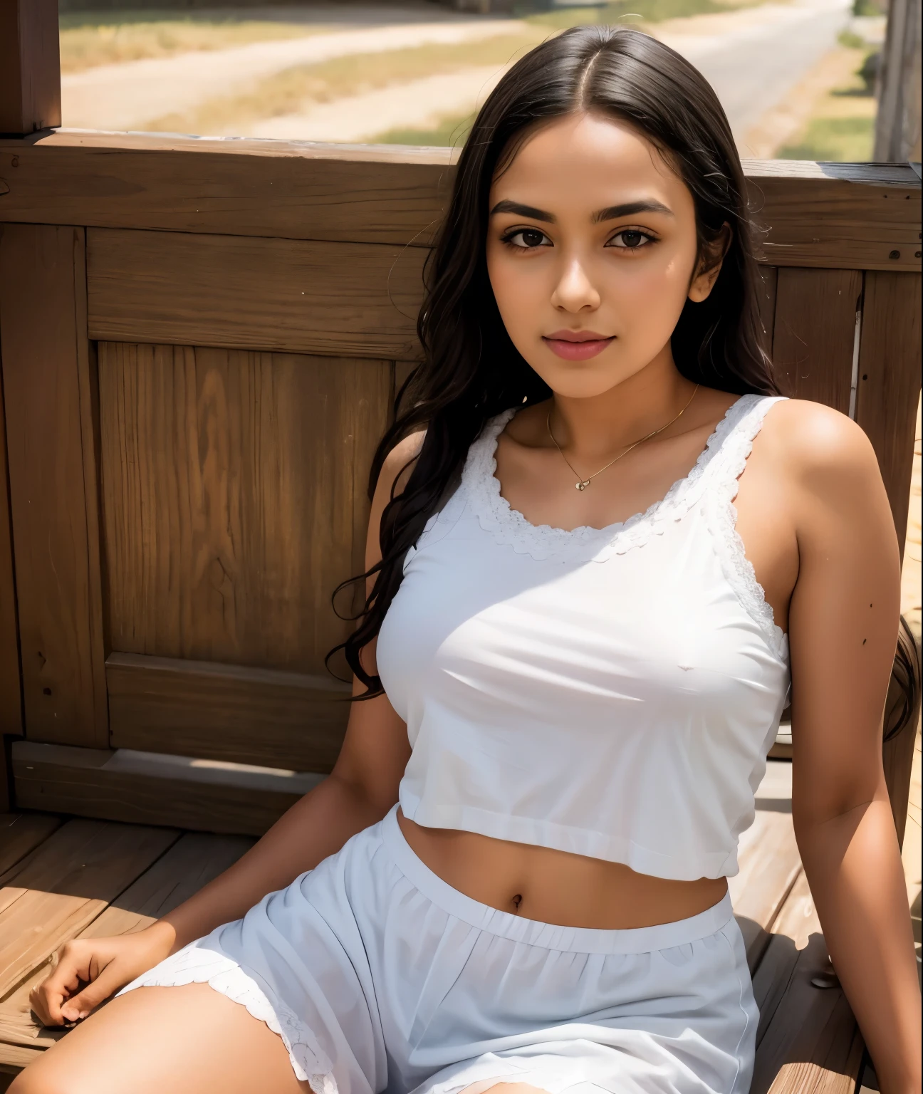 Raw photo , 1 girl ,wearing white vest and white short, full body, ((brown skin)) girl, professional photographer, (hdr:1.4), masterpiece, ultra-realistic 8k, perfect artwork, intricate details, cute face, award winning photograph, (Best quality, 8k, 32k, Masterpiece, UHD:1.3)