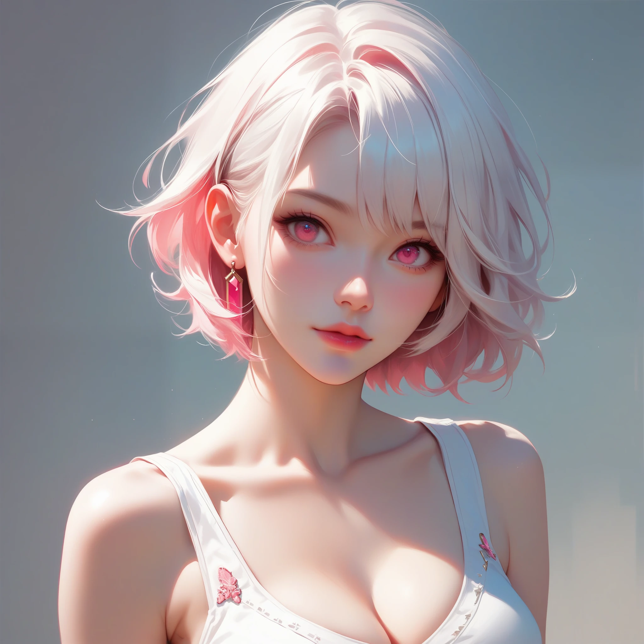 score_9, score_8_up, score_7_up,source_anime, high res image,masterpiece,best quality,girl,cute face,clear skin,white hair,short hair,pink eyes,inner_hair_pink,cleavage,