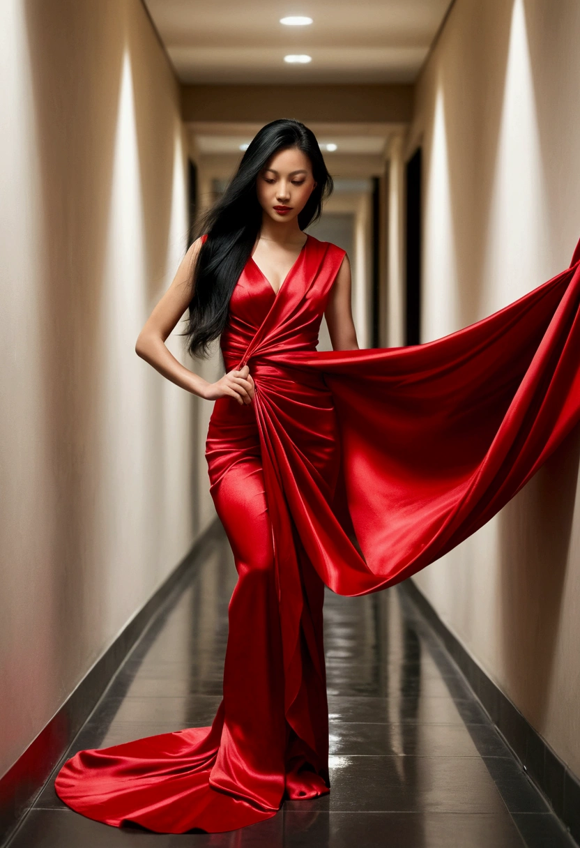 Asian woman wrapped in a red satin cloth mimicking a mermaid gown with a striking large train, the cloth clings tightly to her figure, incorporates a hijab, standing with poise, dramatic lighting, volumetric textures, ultra realistic, golden ratio.