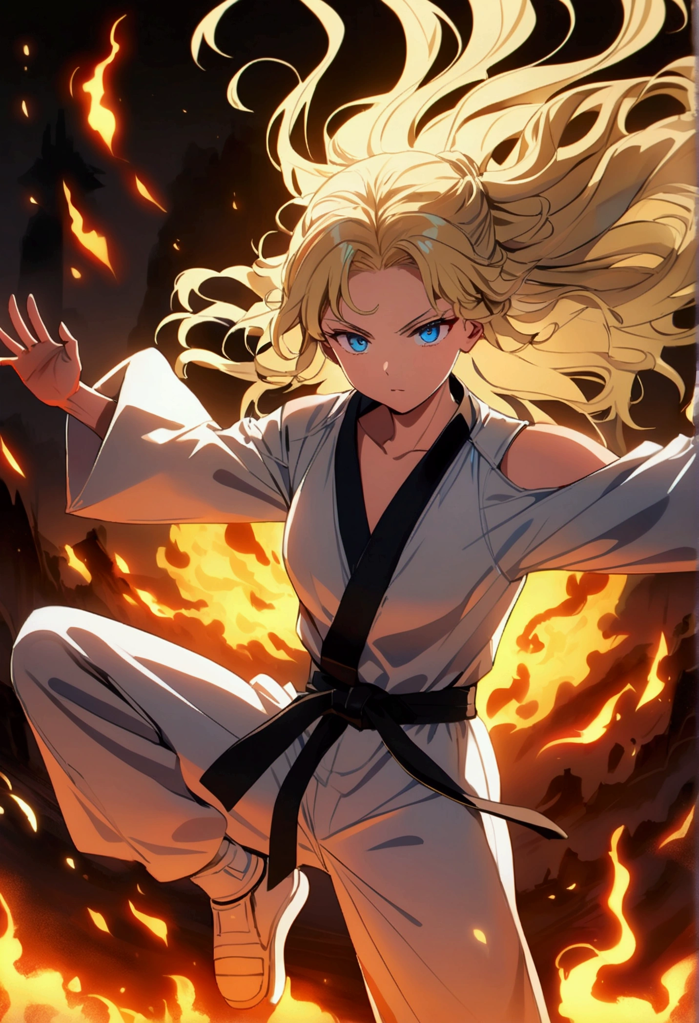 Anime 8 Jears (blond wild hair shoulder length, blue eyes) in karate suit with black cat with green yellow eys. Dynamic Karate Pose.