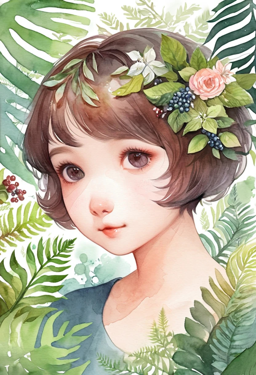((super detailed)beautiful flowers, berries, ferns, leaves, watercolor pattern of calming colors)(watercolor texture)(1girl, short hair, cute)