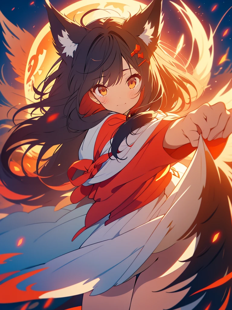kawaii, anime, Cute, hyper quality, highly detailed, 8k, Clarity, Draw facial expressions in detail, Girl with long dark brown hair and green eyes, fox motif, follow a big dog, Inciting point of view, white costume, red torii, a crow flaps its wings in the sky, red full moon, red sky, demon fox, nine tailed fox, dignified expression, Warlike, spread both hands, make a fox with your fingers,
