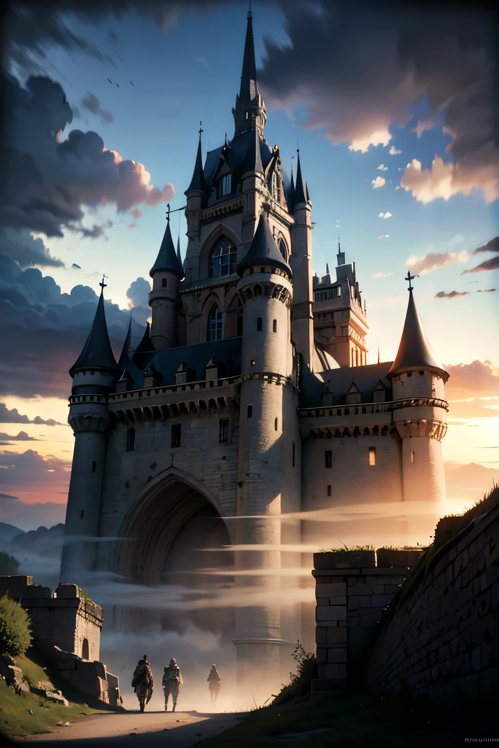 a medieval castle, old stone castle, gothic architecture, turrets, battlements, drawbridge, moat, towers, arched windows, medieval era, fantasy, cinematic lighting, dramatic shadows, mist, fog, cloudy sky, atmospheric, (best quality,4k,8k,highres,masterpiece:1.2),ultra-detailed,(realistic,photorealistic,photo-realistic:1.37), cinematic, epic, detailed environment, highly detailed textures, volumetric lighting, dramatic mood, mystical, brooding, (intricate details:1.2), (depth of field:1.1)