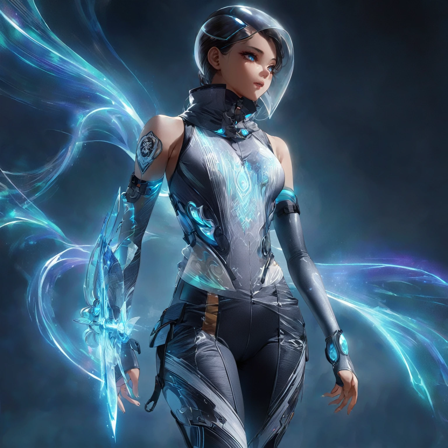 A lady standing against a backdrop of stormy skies with dark, swirling clouds and flashes of lightning. She wears a form-fitting, sleeveless top with holographic, swirling patterns. An asymmetrical, layered vest with a high collar. Lightweight metallic fabric with storm-themed accents. Tailored high-waisted pants with gradient blue and swirling patterns. Streamlined knee-high boots with a metallic finish and integrated wind channels. Elbow-length gloves with glowing runes and retractable blades. A sleek open-face helmet with a swirling translucent shield. A utility harness with compartments and a cyclone emblem, NSFW, (nude:0.9) detailed gorgeous face| anime style| key visual| intricate detail| highly detailed| breathtaking| vibrant| panoramic| cinematic| Carne Griffiths| Conrad Roset| gibbli 8k