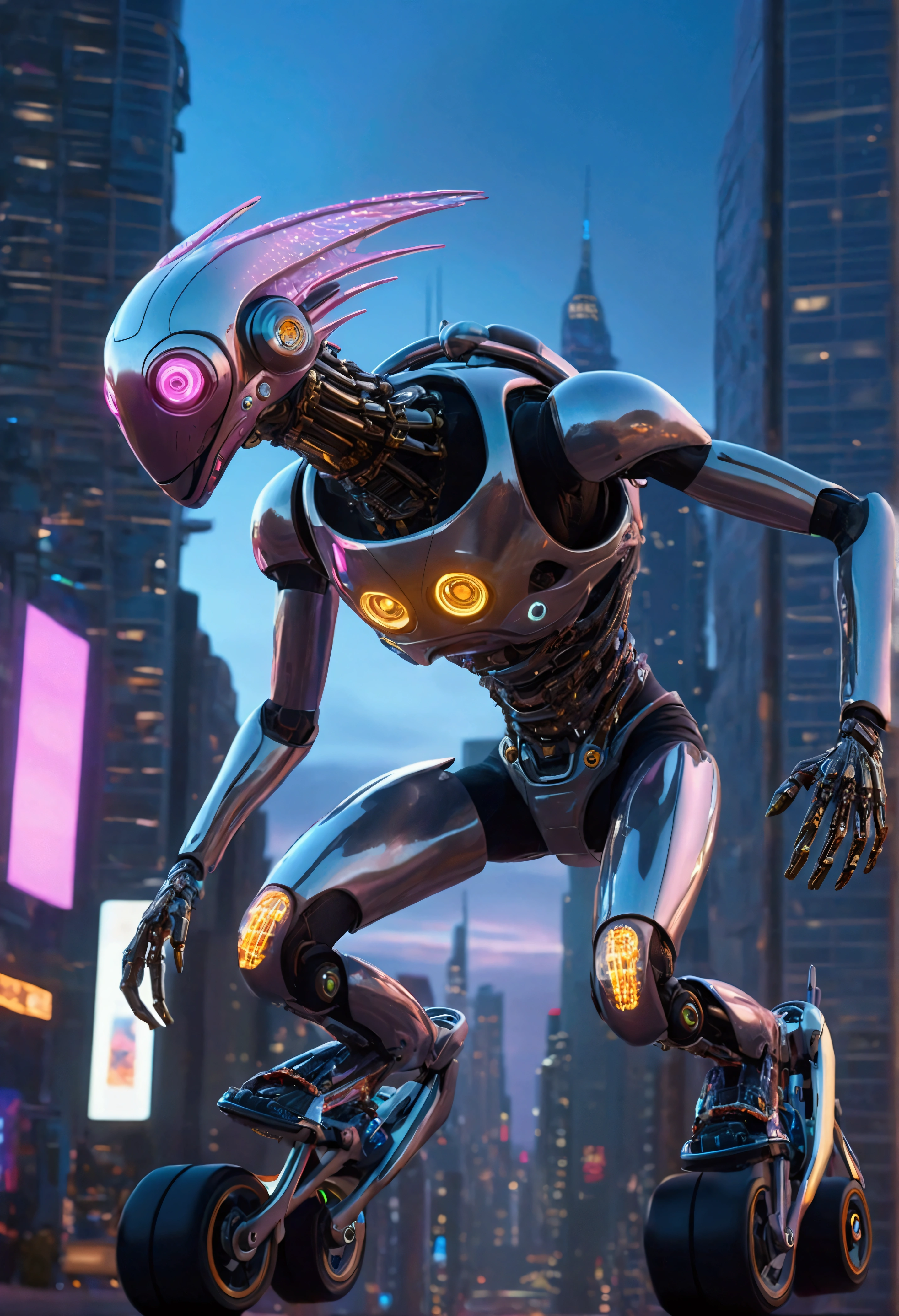 A hyperrealistic, 8k resolution image of a sleek, metallic mechanical creature gliding on glowing rollerblades through a cyberpunk cityscape. The creature has intricate gears and joints, with a silver and chrome body. The city is dominated by towering skyscrapers and vibrant neon lights. A twilight sky with flying drones and holographic advertisements creates a futuristic atmosphere. Focus on detail, 