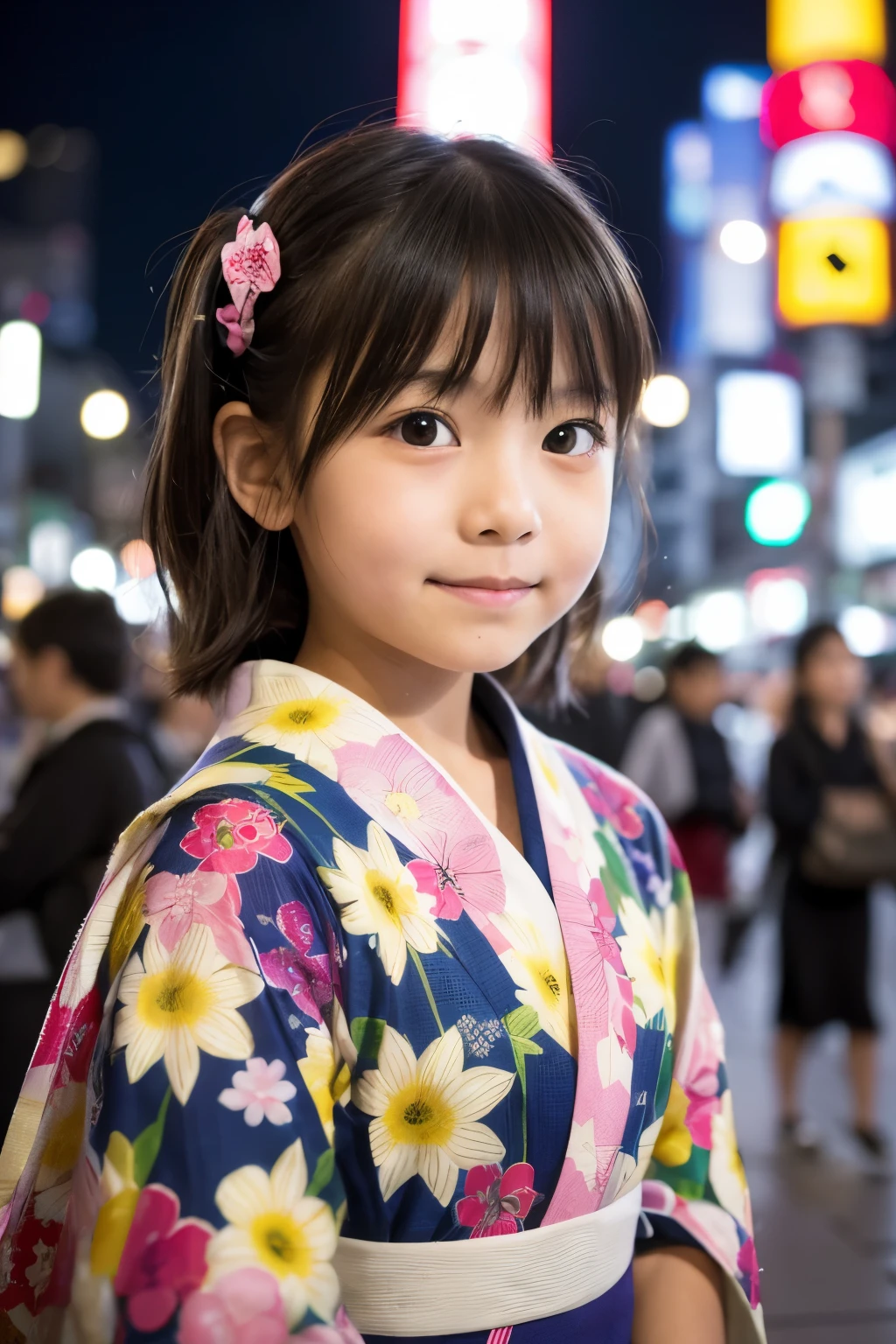 ((Highest quality)), ((masterpiece)), (be familiar with), Perfect Face,Japanese,9 years old,Girl,cute,night,Shibuya Station,yukata