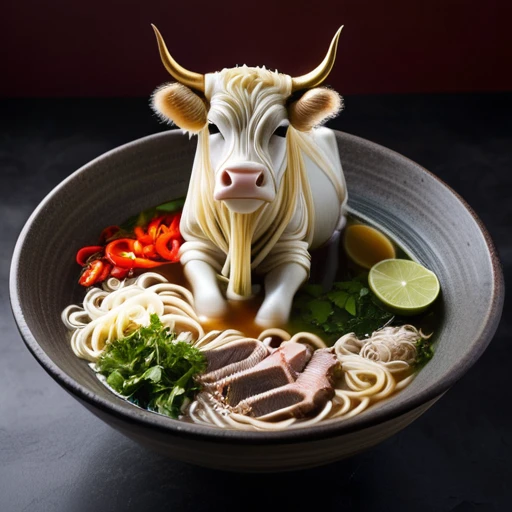 An artistic and romantic image of a cow made entirely from Vietnamese pho noodles, standing on a large bowl filled with traditional pho ingredients. The body of the cow is crafted from intertwined noodle strands. Below the cow, the bowl is full of delicious broth, adorned with various spices, meat slices, lime, bell peppers, etc. Steam rising from the bowl brings a warm and inviting feeling to the scene, reminiscent of the comforting essence of a hot bowl of pho.